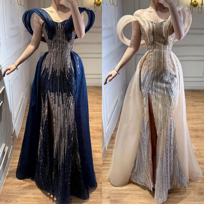 Luxury Navy Blue Beaded Evening Dress with Slit LA73602