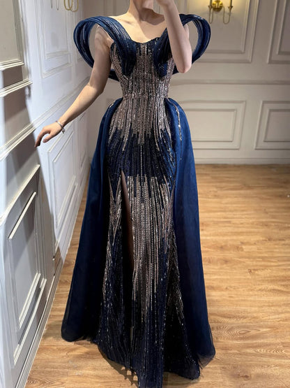 Luxury Navy Blue Beaded Evening Dress with Slit LA73602