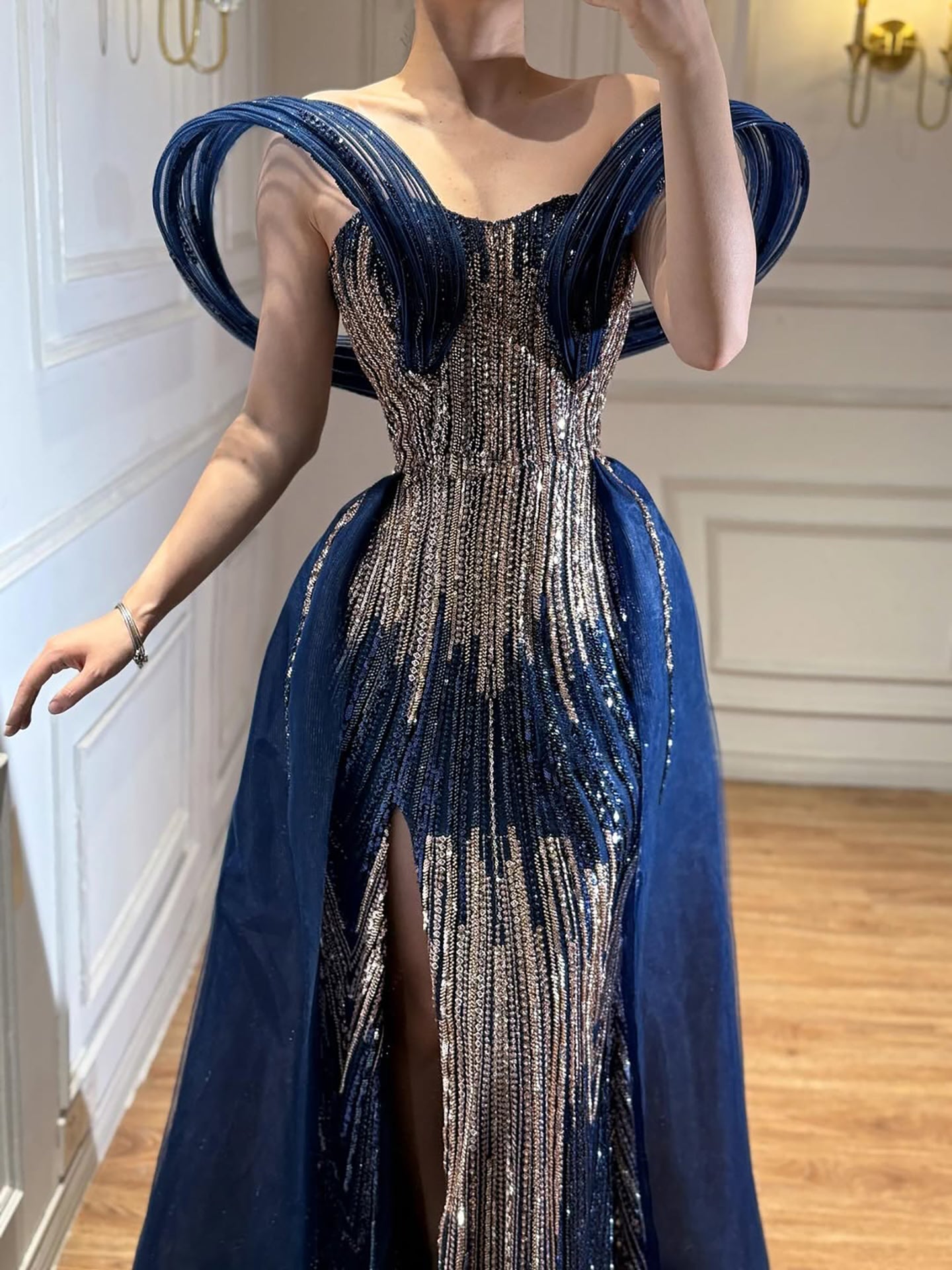 Luxury Navy Blue Beaded Evening Dress with Slit LA73602