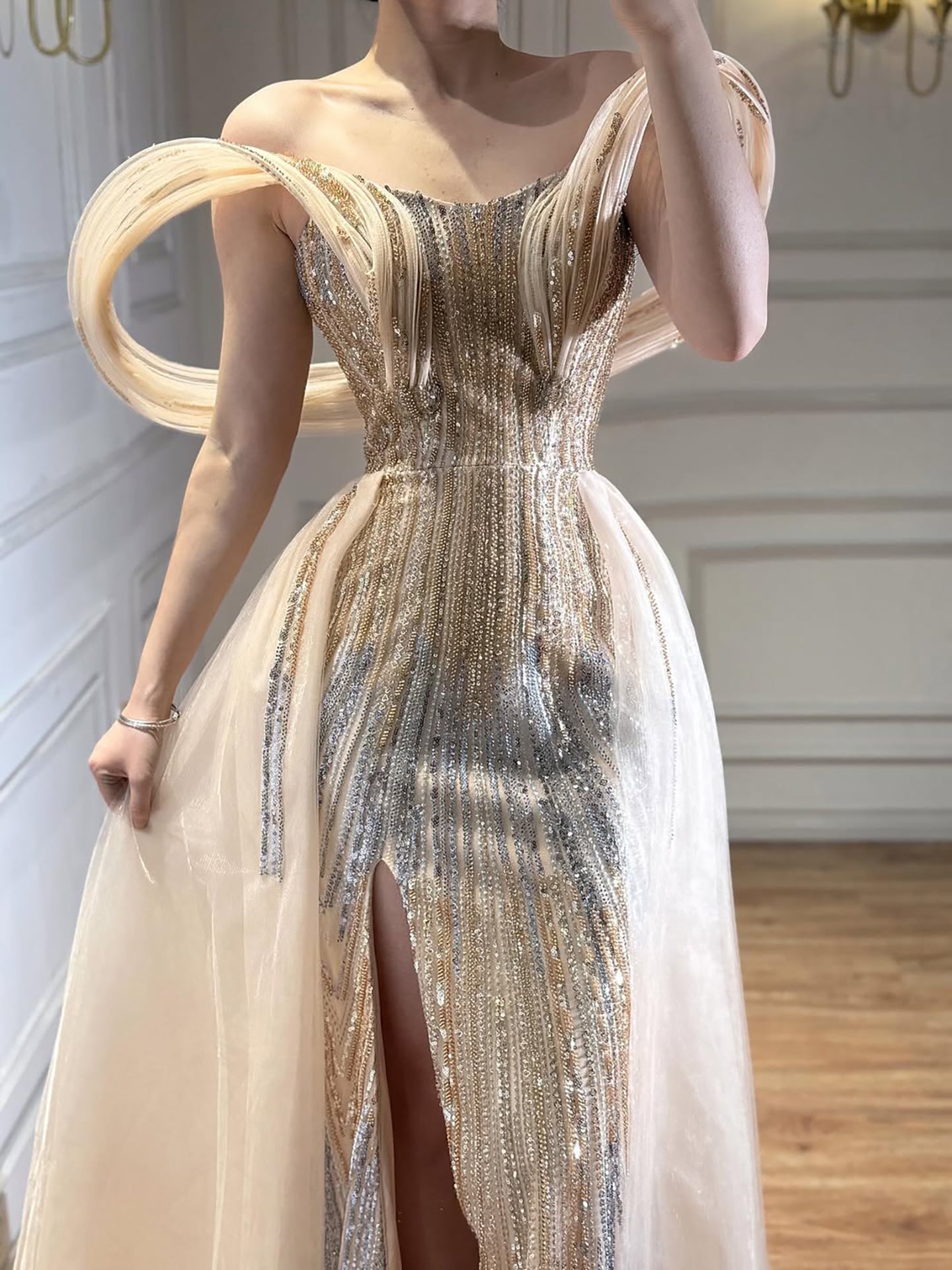 Luxury Navy Blue Beaded Evening Dress with Slit LA73602