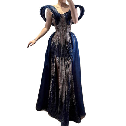 Luxury Navy Blue Beaded Evening Dress with Slit LA73602