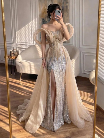 Luxury Navy Blue Beaded Evening Dress with Slit LA73602