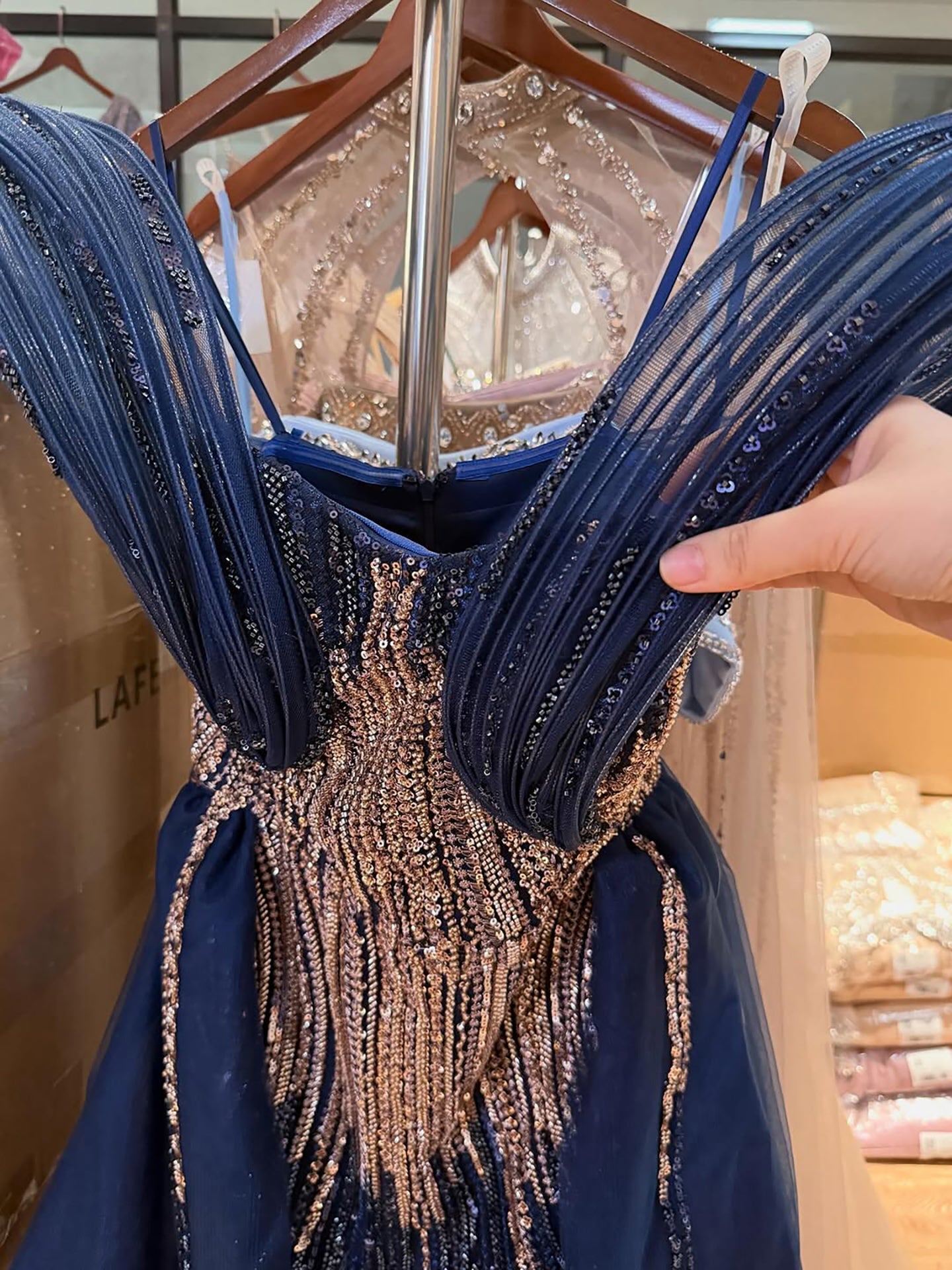 Luxury Navy Blue Beaded Evening Dress with Slit LA73602