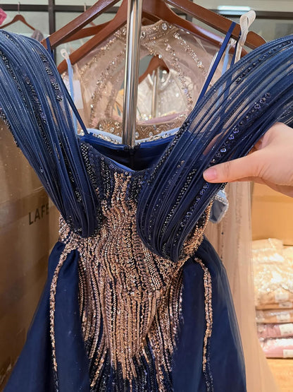 Luxury Navy Blue Beaded Evening Dress with Slit LA73602