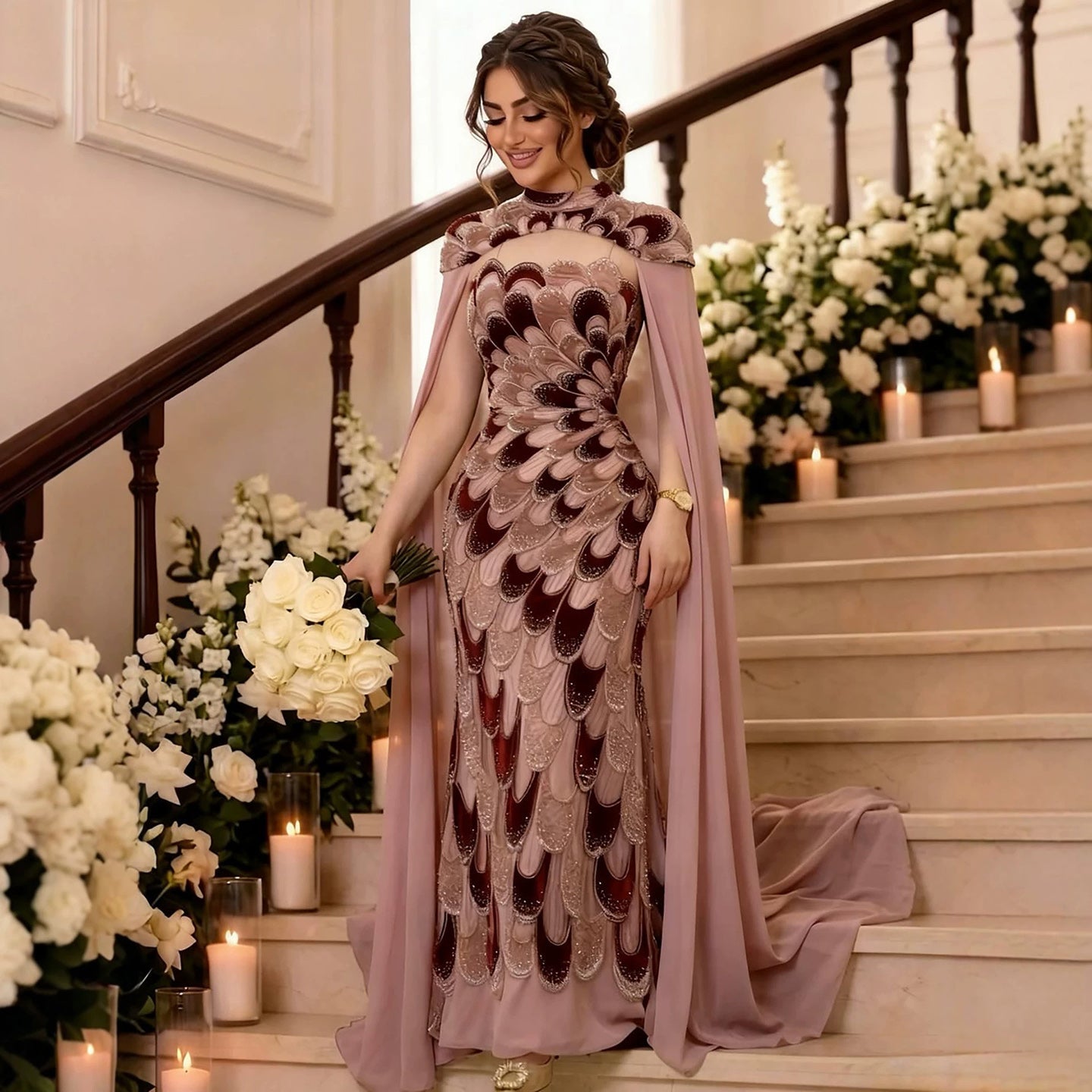 Luxury Pink Beaded Mermaid Cape Evening Dress LA73607A