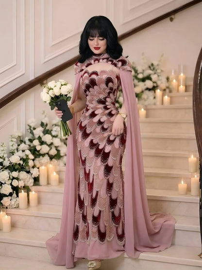 Luxury Pink Beaded Mermaid Cape Evening Dress LA73607A