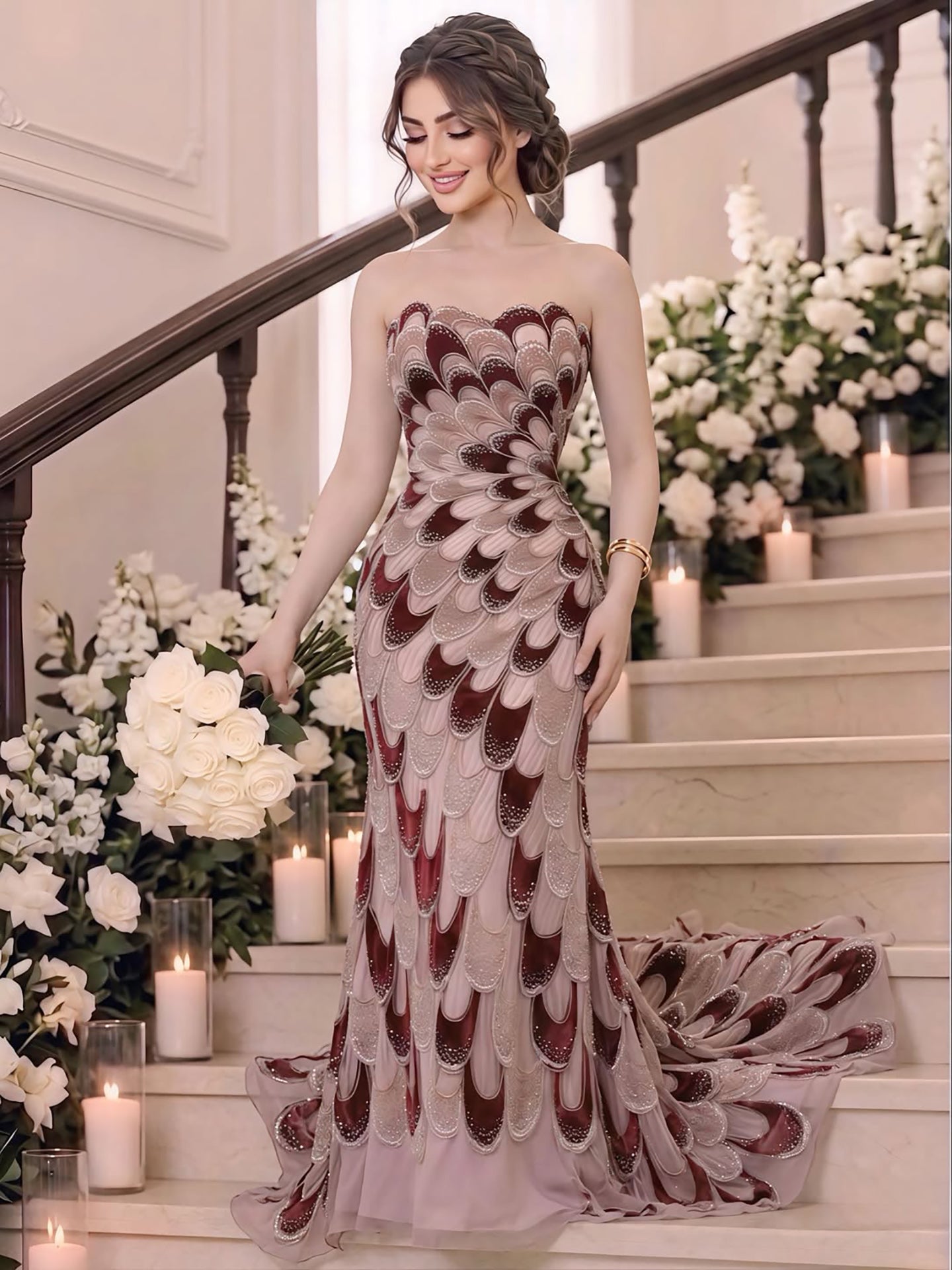 Luxury Pink Beaded Mermaid Cape Evening Dress LA73607A