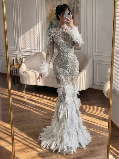 Luxury Grey Nude Crystal Beaded Mermaid Dress with Feathers LA73609