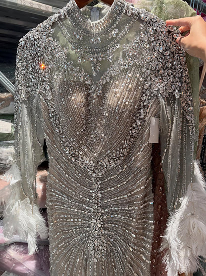 Luxury Grey Nude Crystal Beaded Mermaid Dress with Feathers LA73609