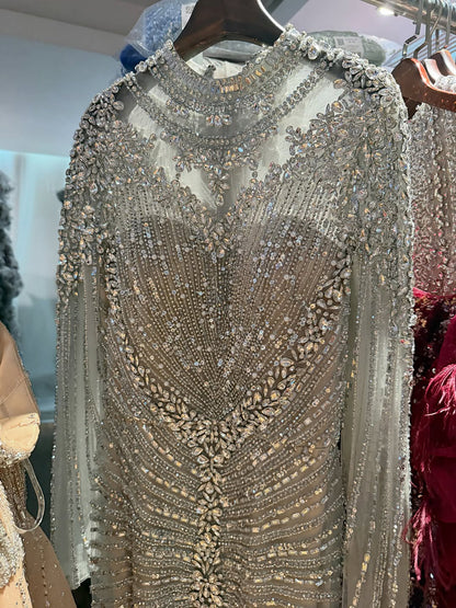 Luxury Silver Nude Beaded High Neck Mermaid Evening Dress LA73609A