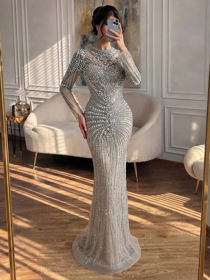 Luxury Silver Nude Beaded High Neck Mermaid Evening Dress LA73609A