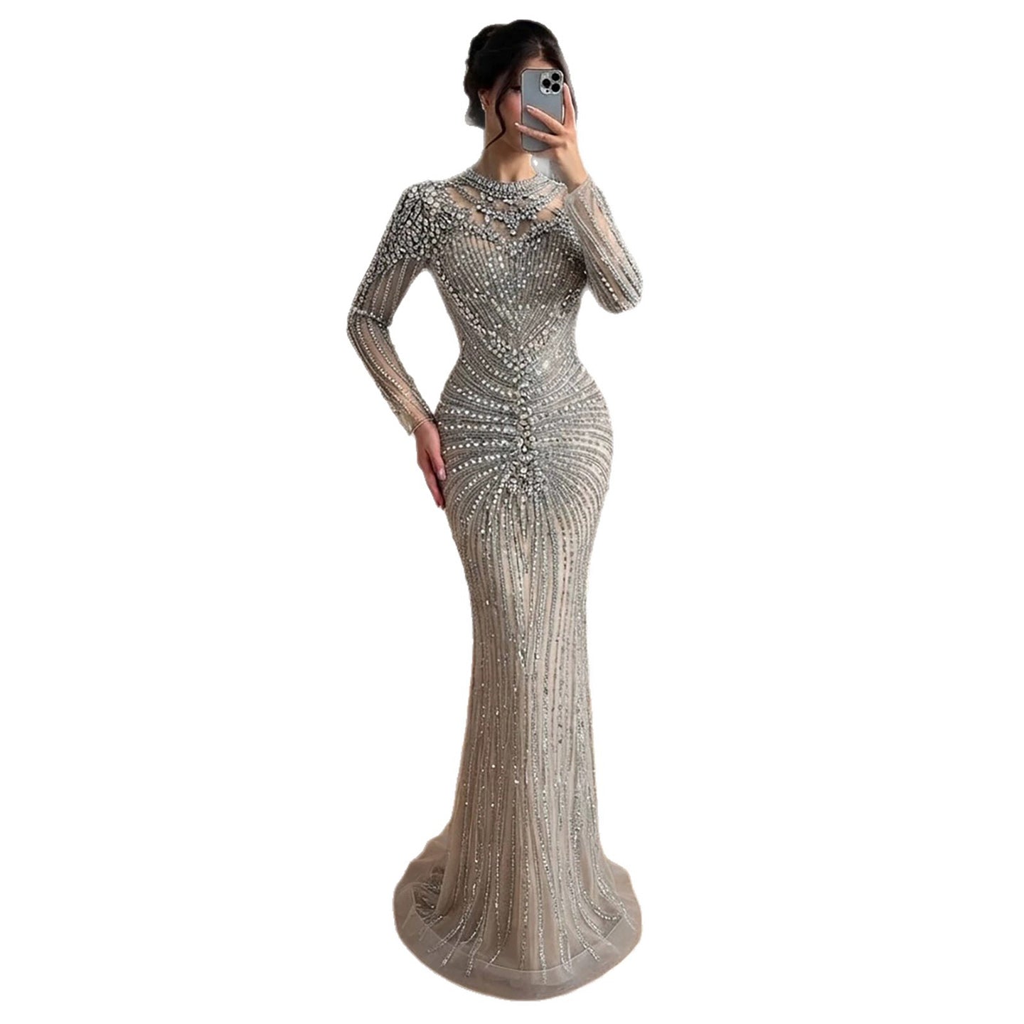 Luxury Silver Nude Beaded High Neck Mermaid Evening Dress LA73609A