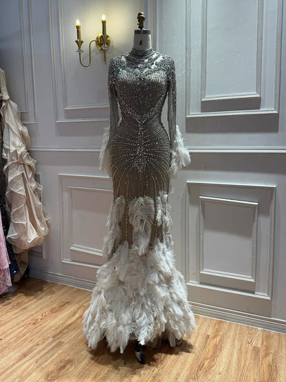 Luxury Grey Nude Crystal Beaded Mermaid Dress with Feathers LA73609