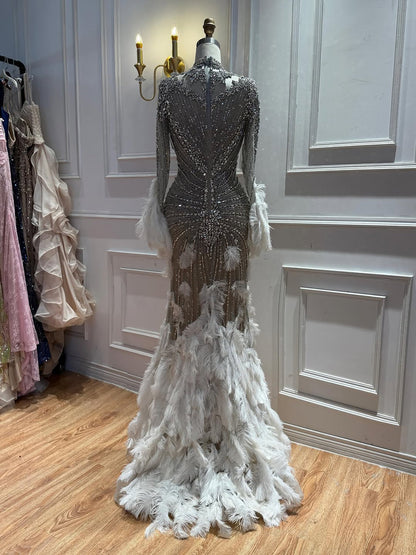 Luxury Grey Nude Crystal Beaded Mermaid Dress with Feathers LA73609