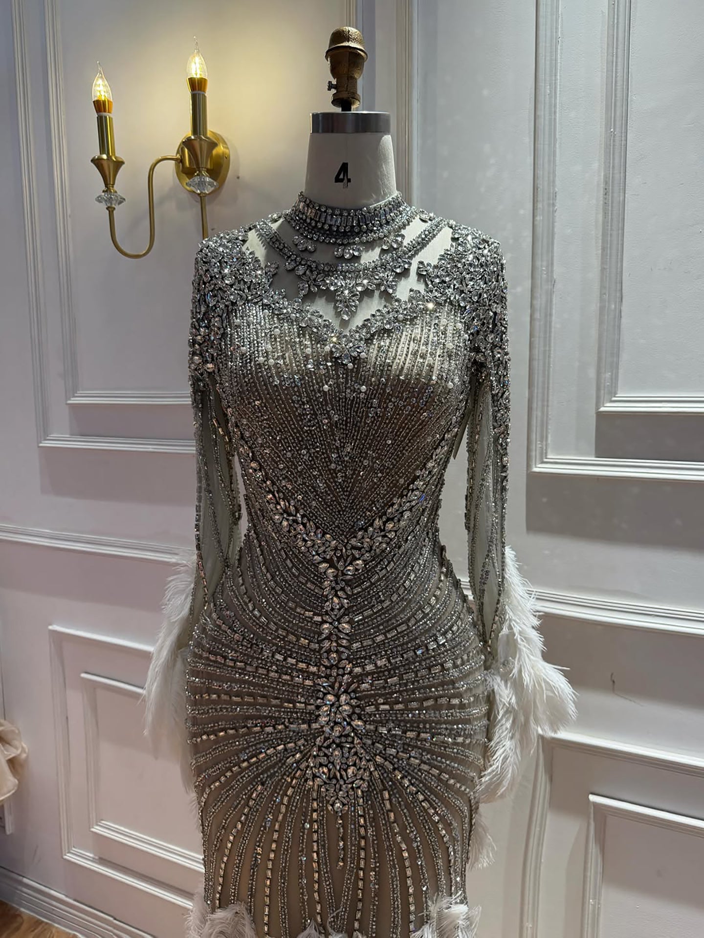 Luxury Grey Nude Crystal Beaded Mermaid Dress with Feathers LA73609