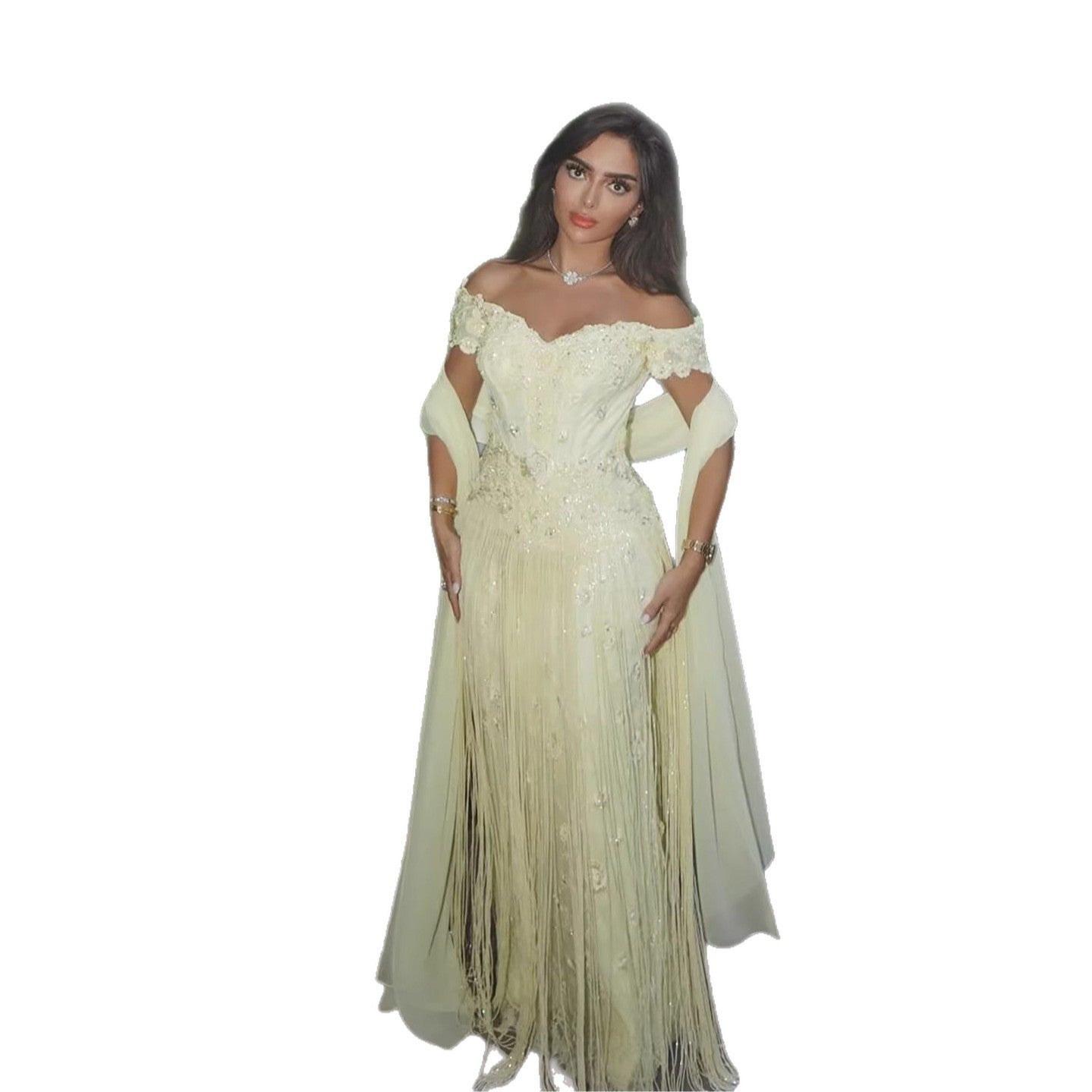 Luxury Yellow Beaded Tassel Off Shoulder Evening Dress LA73614