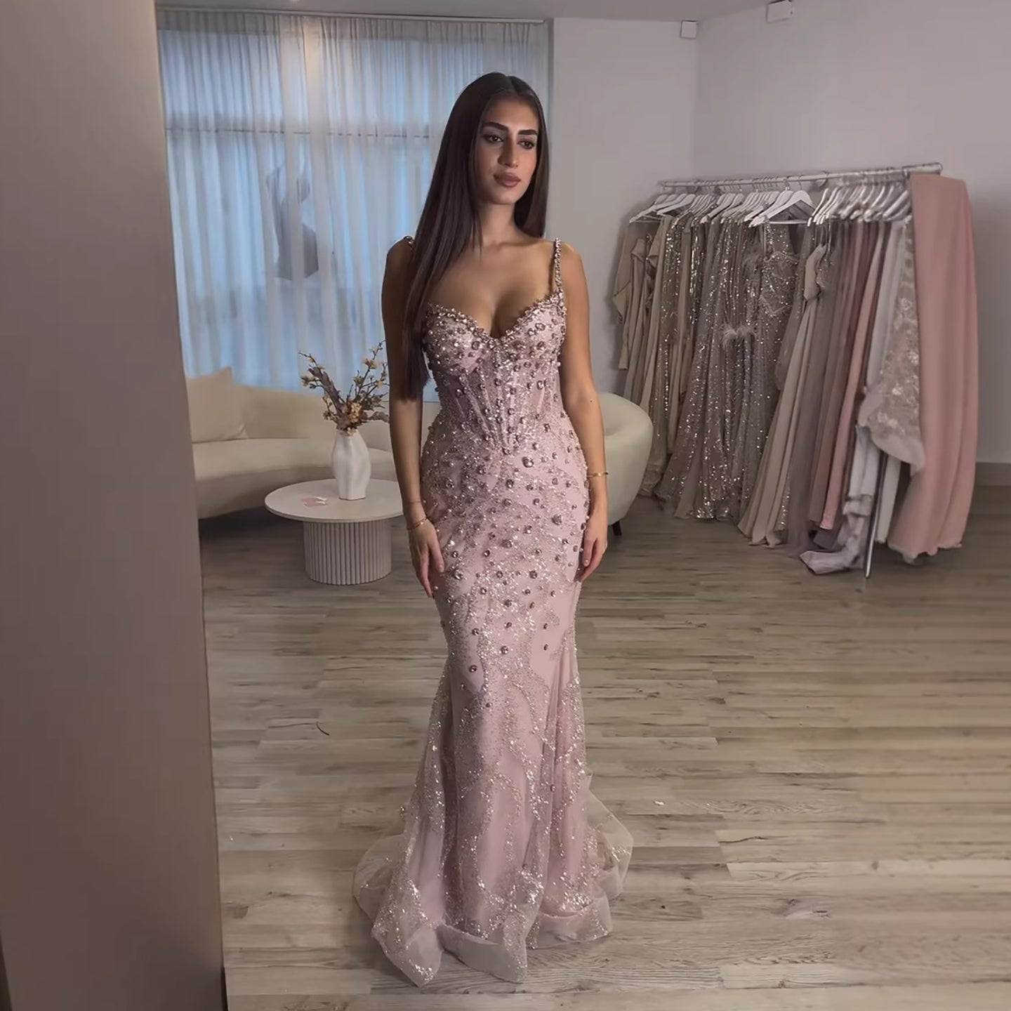 Luxury Pink Beaded Crystal Mermaid Evening Dress LA73621