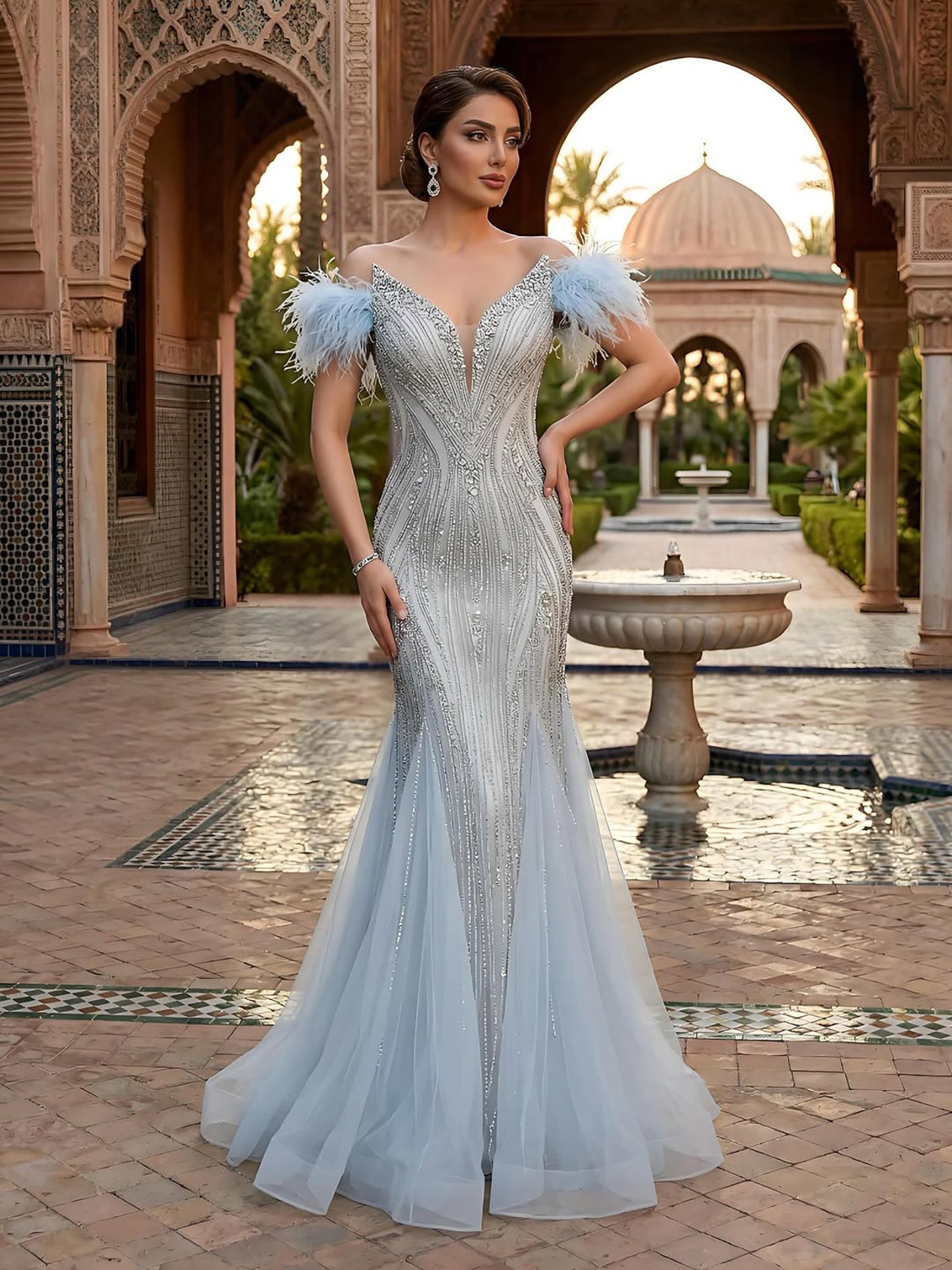 Luxury Beige Beaded Feather Mermaid Evening Dress LA73625