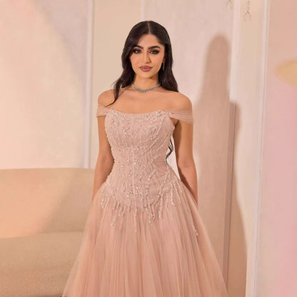 Luxury Pink Beaded A-Line Off-Shoulder Tulle Evening Dress LA73631