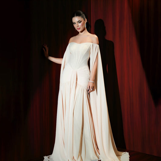 Luxury Nude Chiffon A-Line Evening Dress With Cape Sleeves LA73639