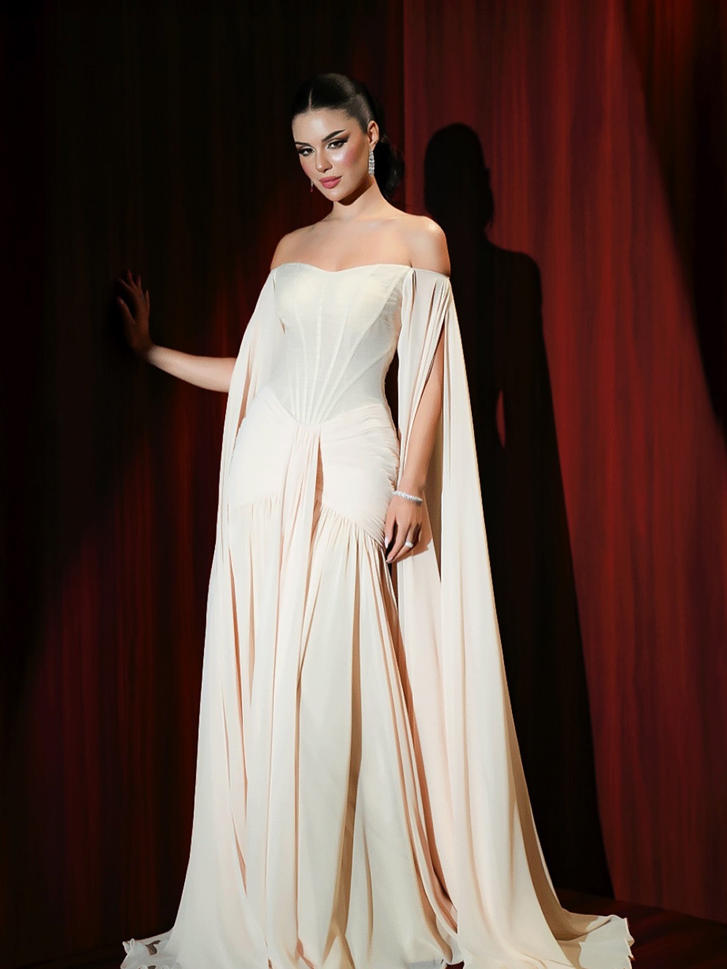 Luxury Nude Chiffon A-Line Evening Dress With Cape Sleeves LA73639