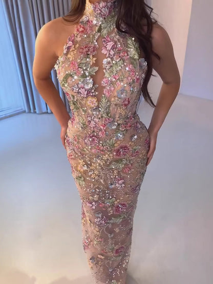 Luxury Pink Appliques Beaded Halter Mermaid Evening Dress LA73644