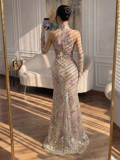 Luxury Nude Pink High Neck Floral Beaded Mermaid Gown LA73644A