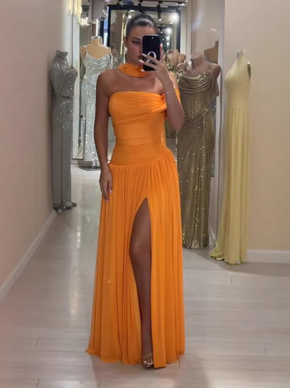 Orange Chiffon Off Shoulder Prom Evening Dress with Scarf Slit LA73651