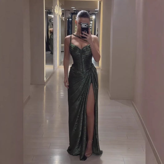 Luxury Olive Green Corset Beaded One Shoulder Evening Dress With Slit LA73654