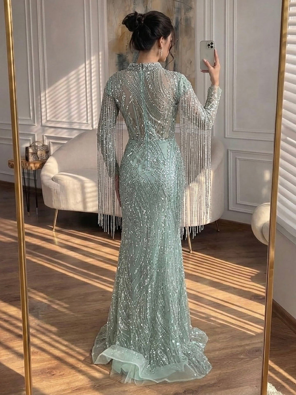 Sage Green Beaded Mermaid Evening Dress with Ruffle Shoulder LA73657