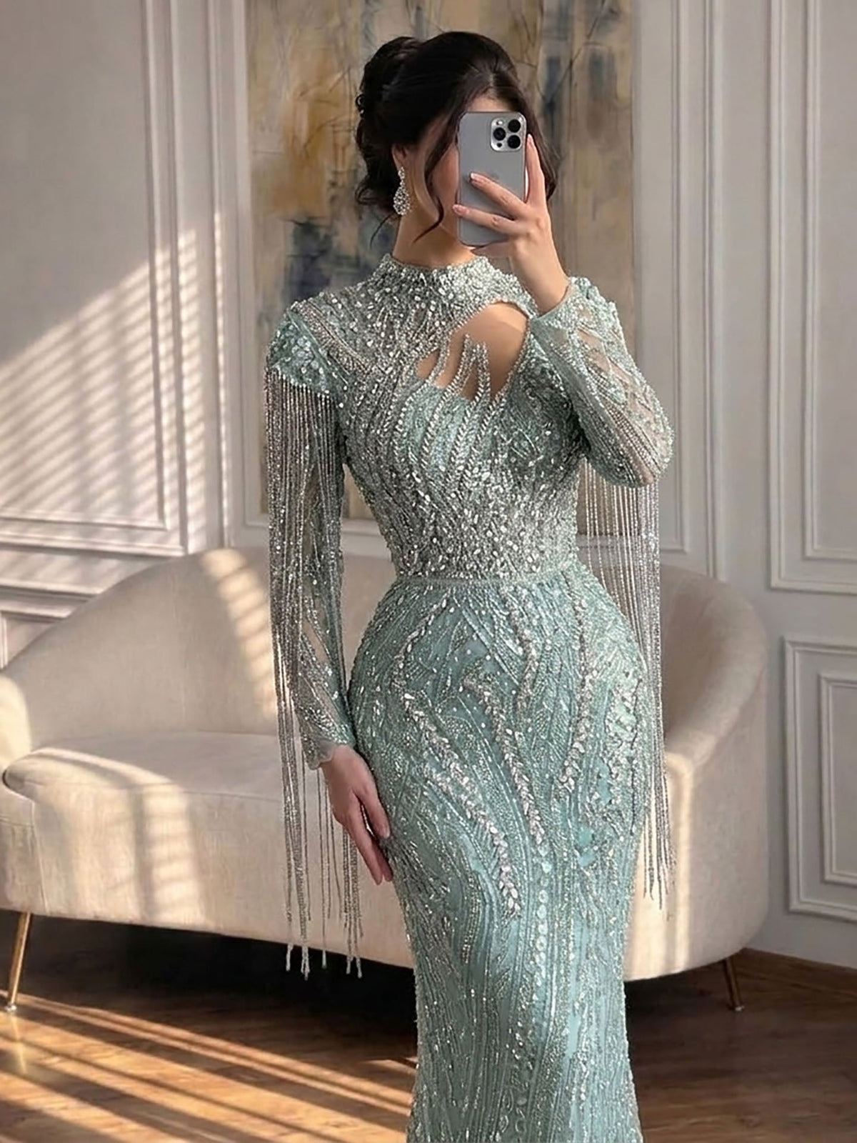 Sage Green Beaded Mermaid Evening Dress with Ruffle Shoulder LA73657