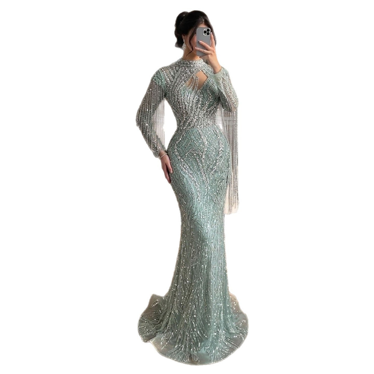 Sage Green Beaded Mermaid Evening Dress with Ruffle Shoulder LA73657