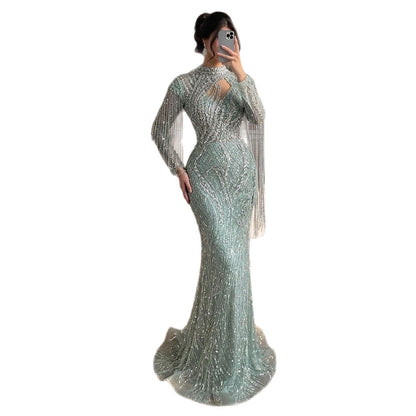 Sage Green Beaded Mermaid Evening Dress with Ruffle Shoulder LA73657