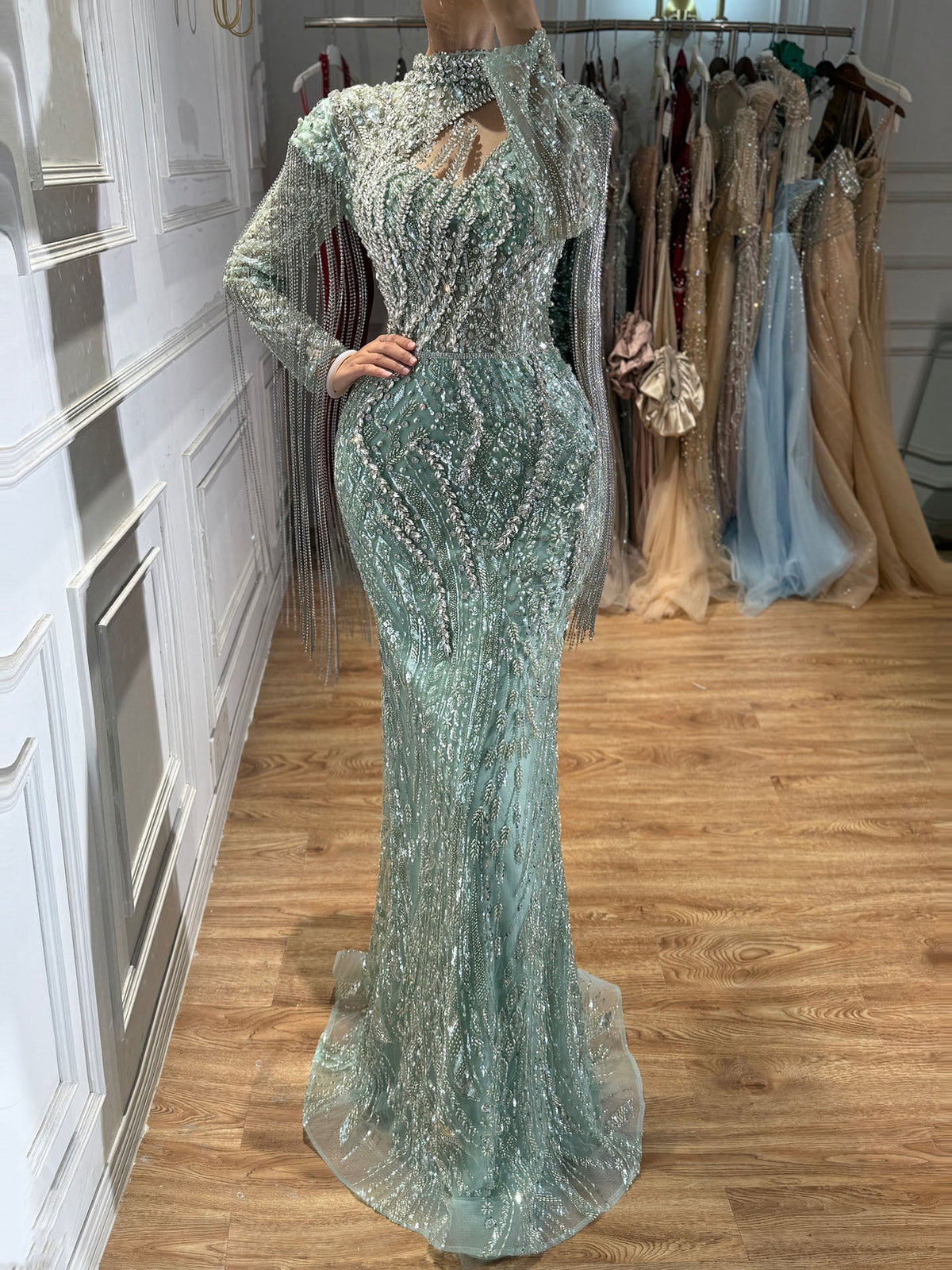 Sage Green Beaded Mermaid Evening Dress with Ruffle Shoulder LA73657