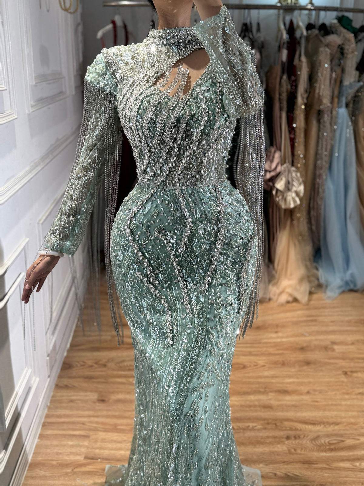 Sage Green Beaded Mermaid Evening Dress with Ruffle Shoulder LA73657