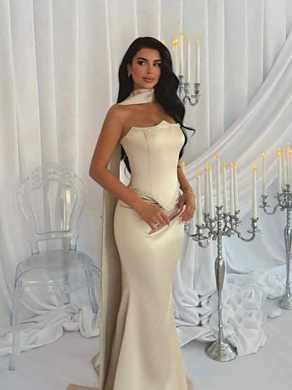 Luxury Cream Beaded Mermaid Prom Dress with Silk Scarf LA73669