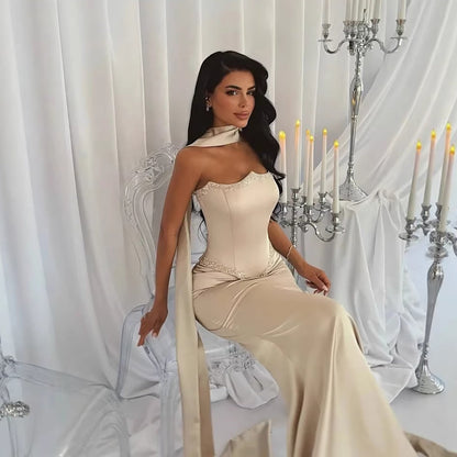 Luxury Cream Beaded Mermaid Prom Dress with Silk Scarf LA73669