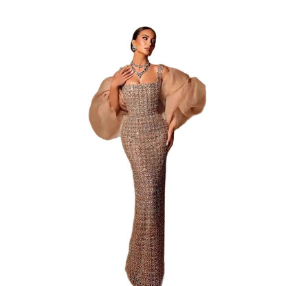 Luxury Nude Beaded Mermaid Evening Dress Puffy Sleeves LA73671