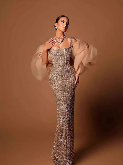 Luxury Nude Beaded Mermaid Evening Dress Puffy Sleeves LA73671