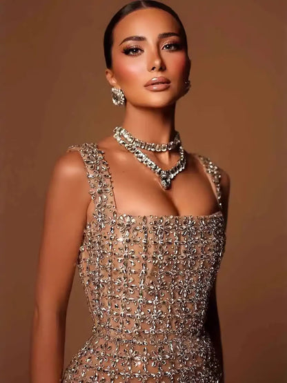Luxury Nude Beaded Mermaid Evening Dress Puffy Sleeves LA73671