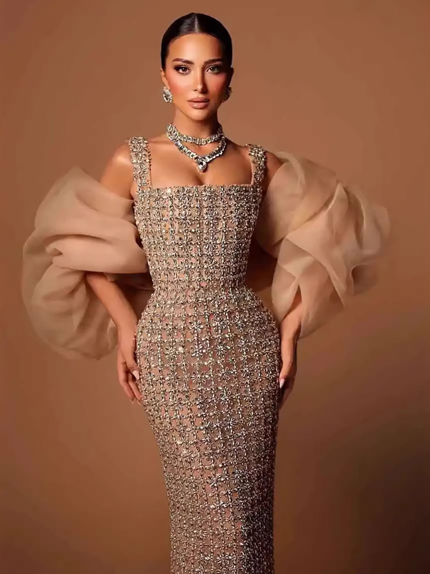 Luxury Nude Beaded Mermaid Evening Dress Puffy Sleeves LA73671