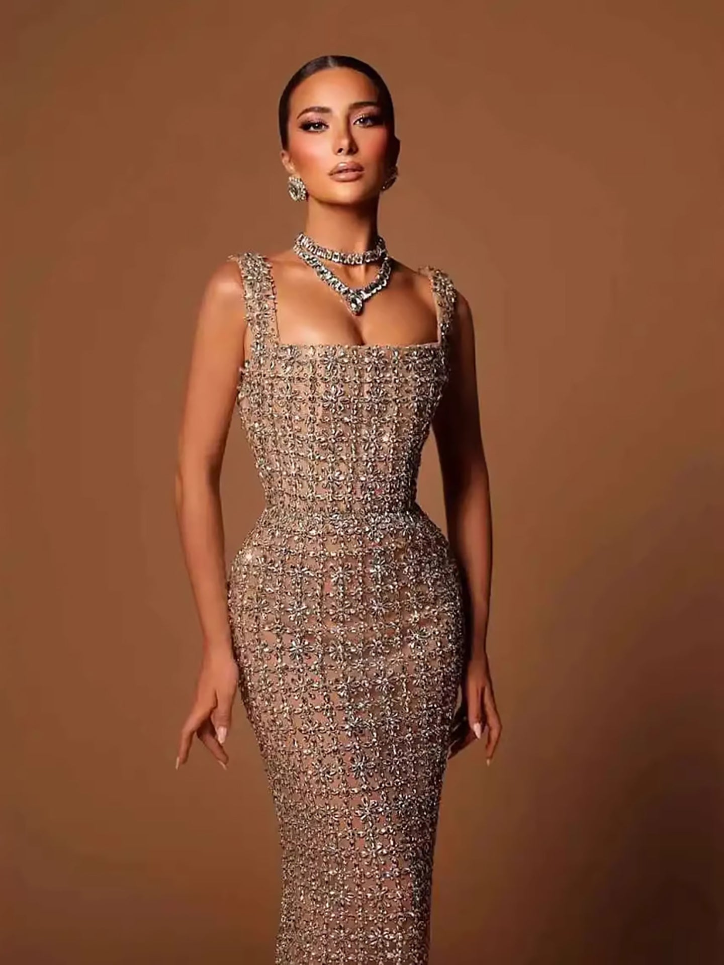 Luxury Nude Beaded Mermaid Evening Dress Puffy Sleeves LA73671
