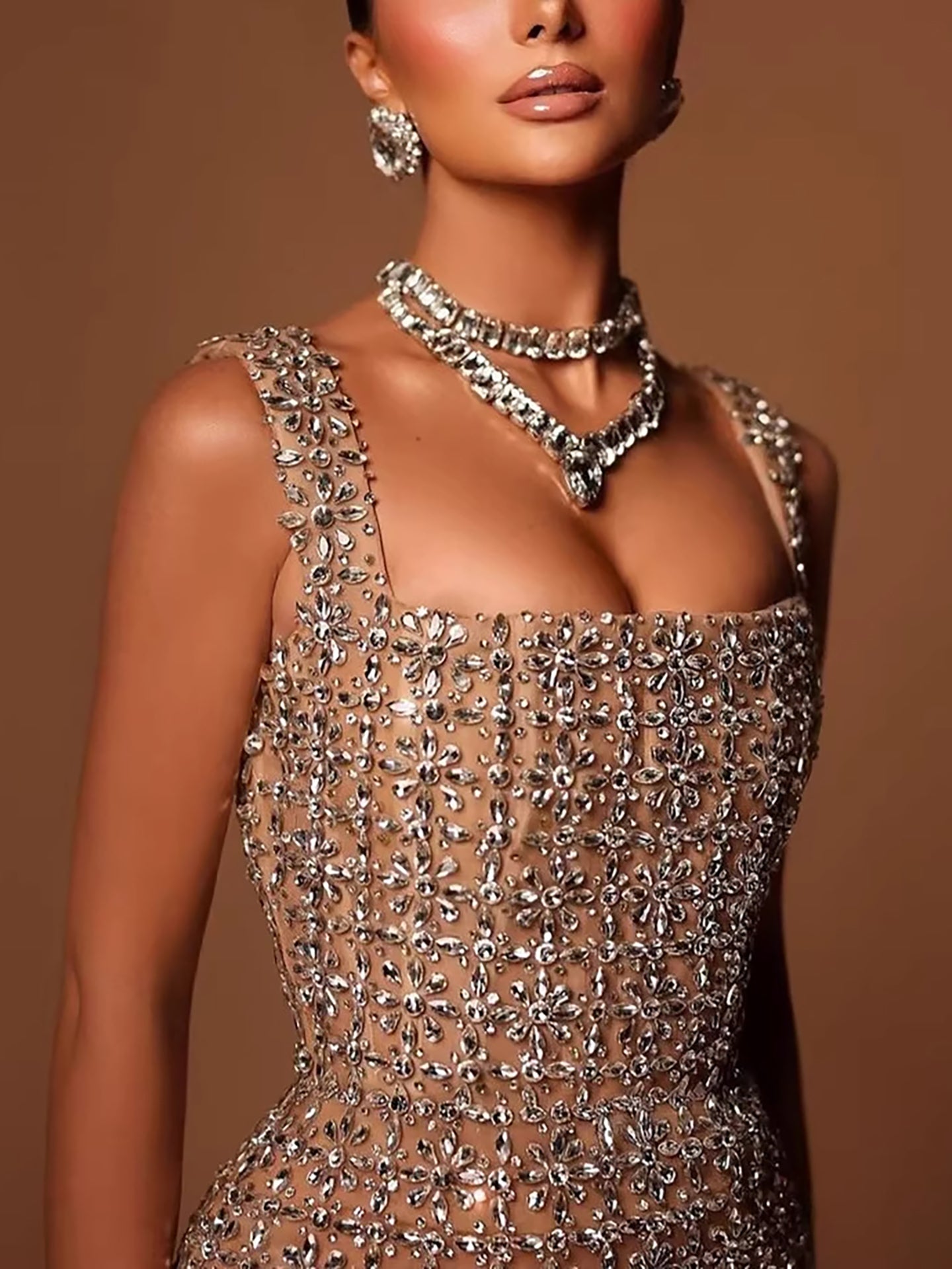 Luxury Nude Beaded Mermaid Evening Dress Puffy Sleeves LA73671