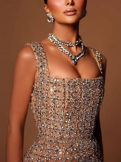 Luxury Nude Beaded Mermaid Evening Dress Puffy Sleeves LA73671