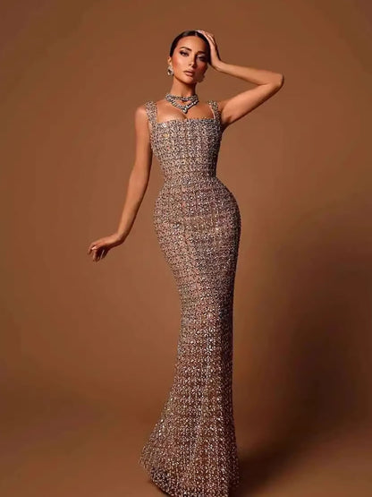 Luxury Nude Beaded Mermaid Evening Dress Puffy Sleeves LA73671