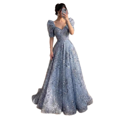 Luxury Blue Beaded A Line Evening Dress LA73675