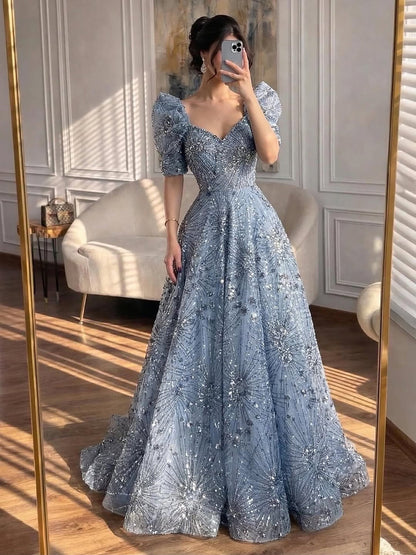 Luxury Blue Beaded A Line Evening Dress LA73675