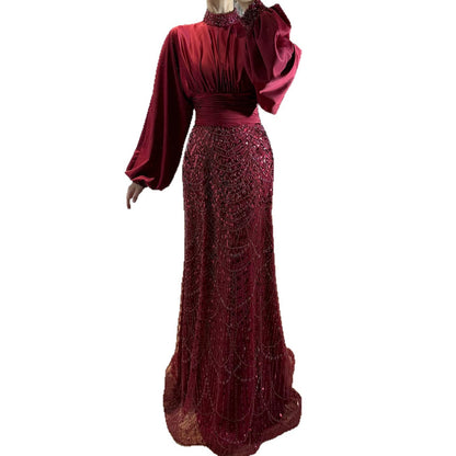 Luxury Muslim Green Satin Beaded Mermaid Evening Dress LA73676