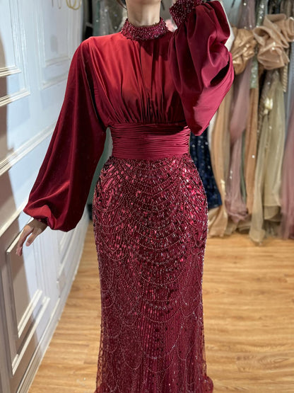 Luxury Muslim Green Satin Beaded Mermaid Evening Dress LA73676