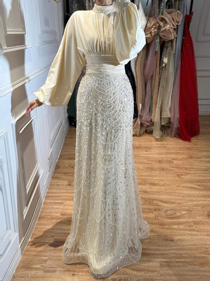 Luxury Muslim Green Satin Beaded Mermaid Evening Dress LA73676